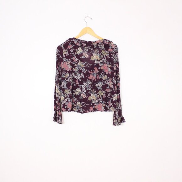 *American Eagle Floral Blouse Shirt Purple Flowy Long Sleeve - Picture 7 of 7